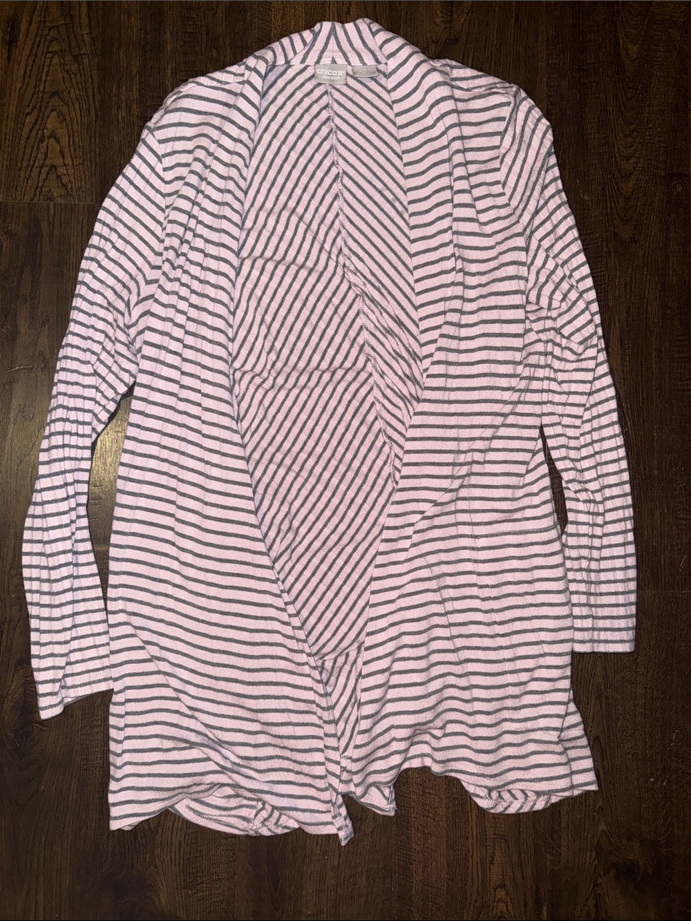 Chico's Pink and Gray Striped Open Cardigan
